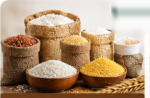 Sacks and packets of rice and grains
